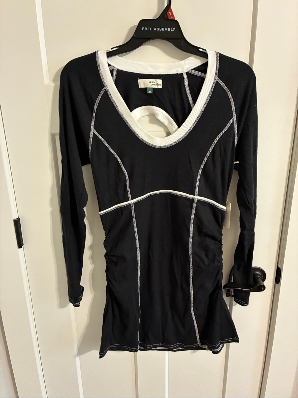 Black Long-Sleeve Backless Dress with White Trim by Daily Practice